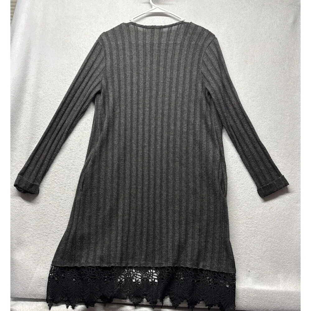 Altar'd State Gray Ribbed Lace Trim Open Front Cardigan Long Sleeve Boho Small